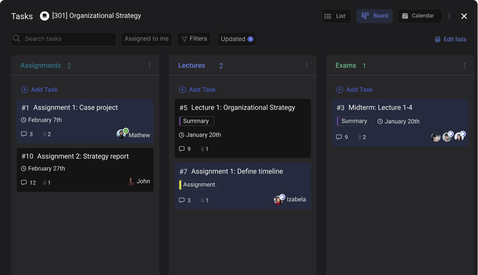 Student task board with course tasks and examples