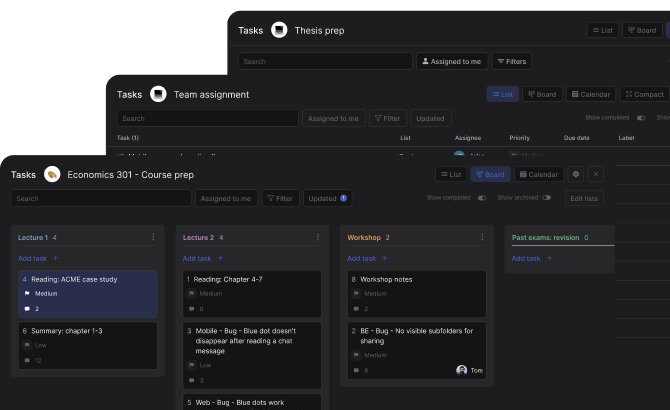 Students use case project management multiple task board views: board, list and calendar
