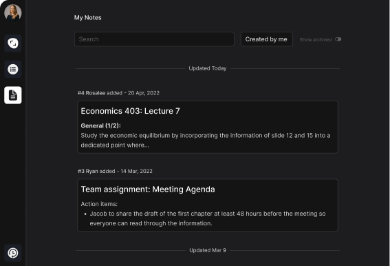Student note taking app rock view of lecture summary and meeting agenda
