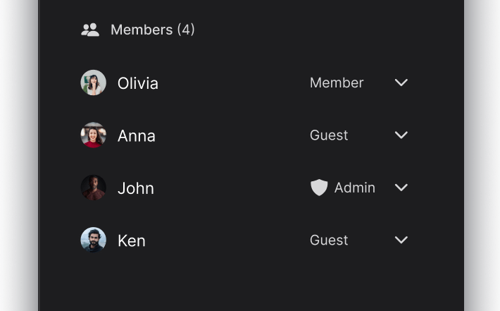 Rock space members list with members, guests and admins