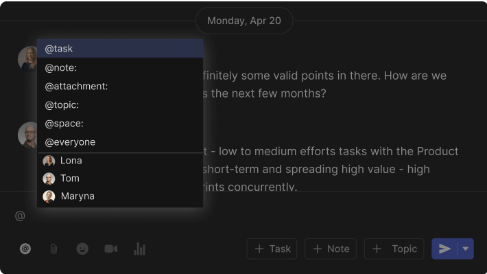 Space chat panel with mentions for tasks, notes, attachments, topics, users and more