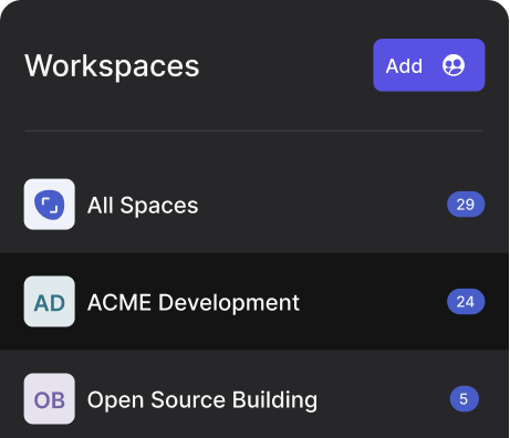 Workspaces panel on rock with community and team project spaces