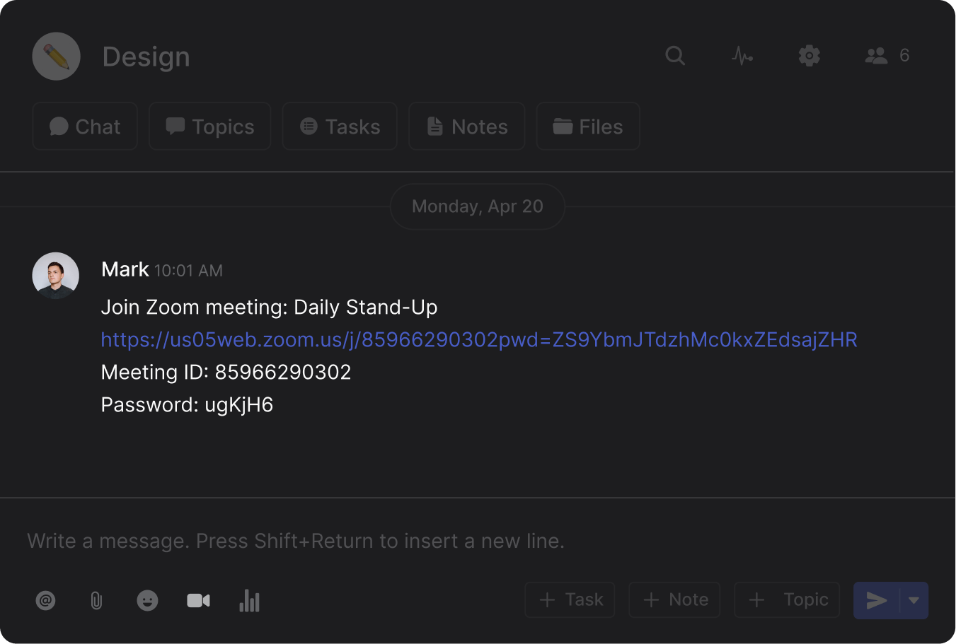 Space example with a Zoom meeting link sent into the space Chat on Rock