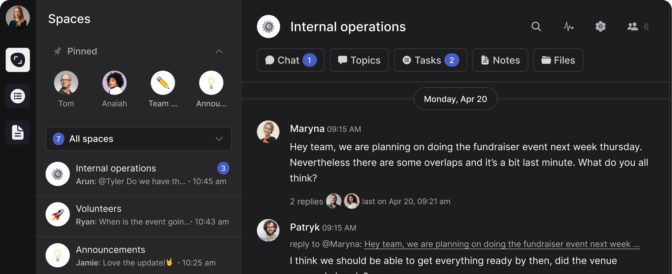 Rock for non-profit project management example with multiple spaces and collaborators