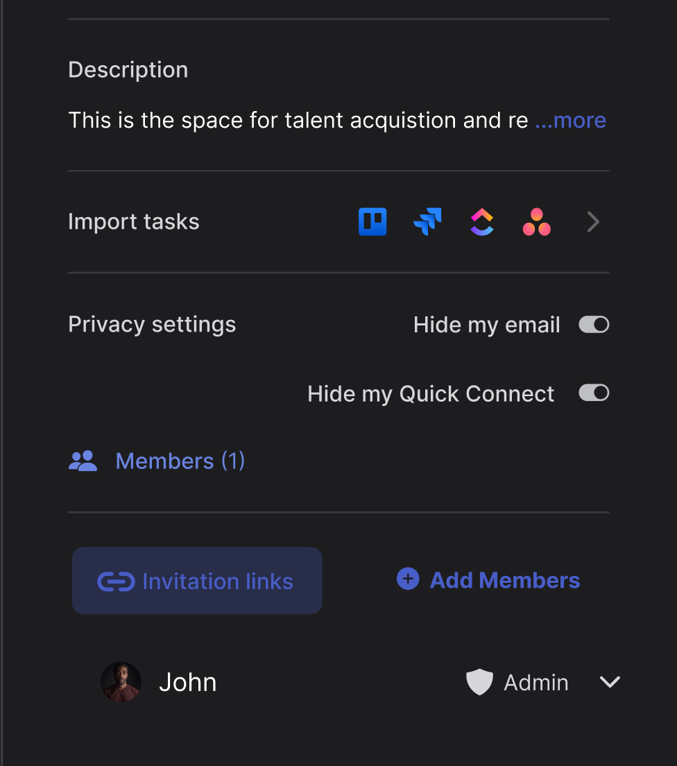 NGO project space Rock invite members panel