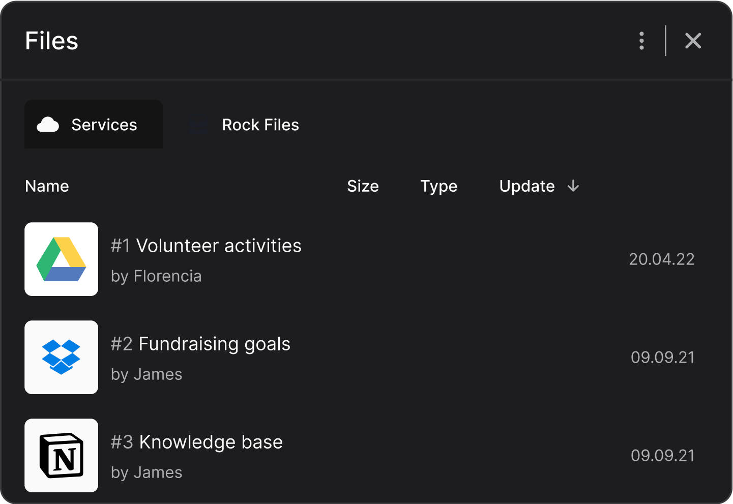 NGO team integrations on Rock with Google Drive, Dropbox and Notion