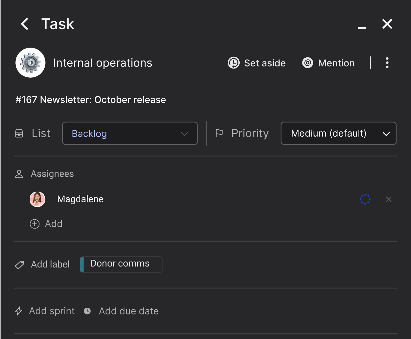 Task example from a non-profit team collaborating on Rock