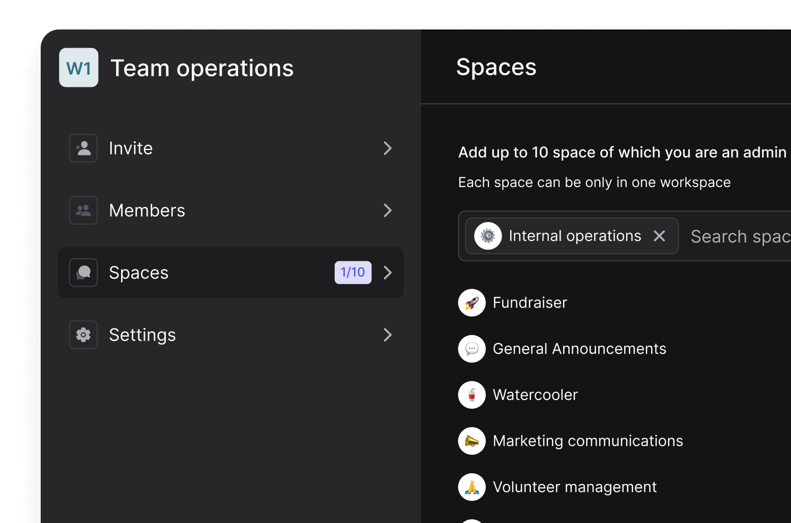 NGO workspace example with volunteer management, fundraiser, announcements and more