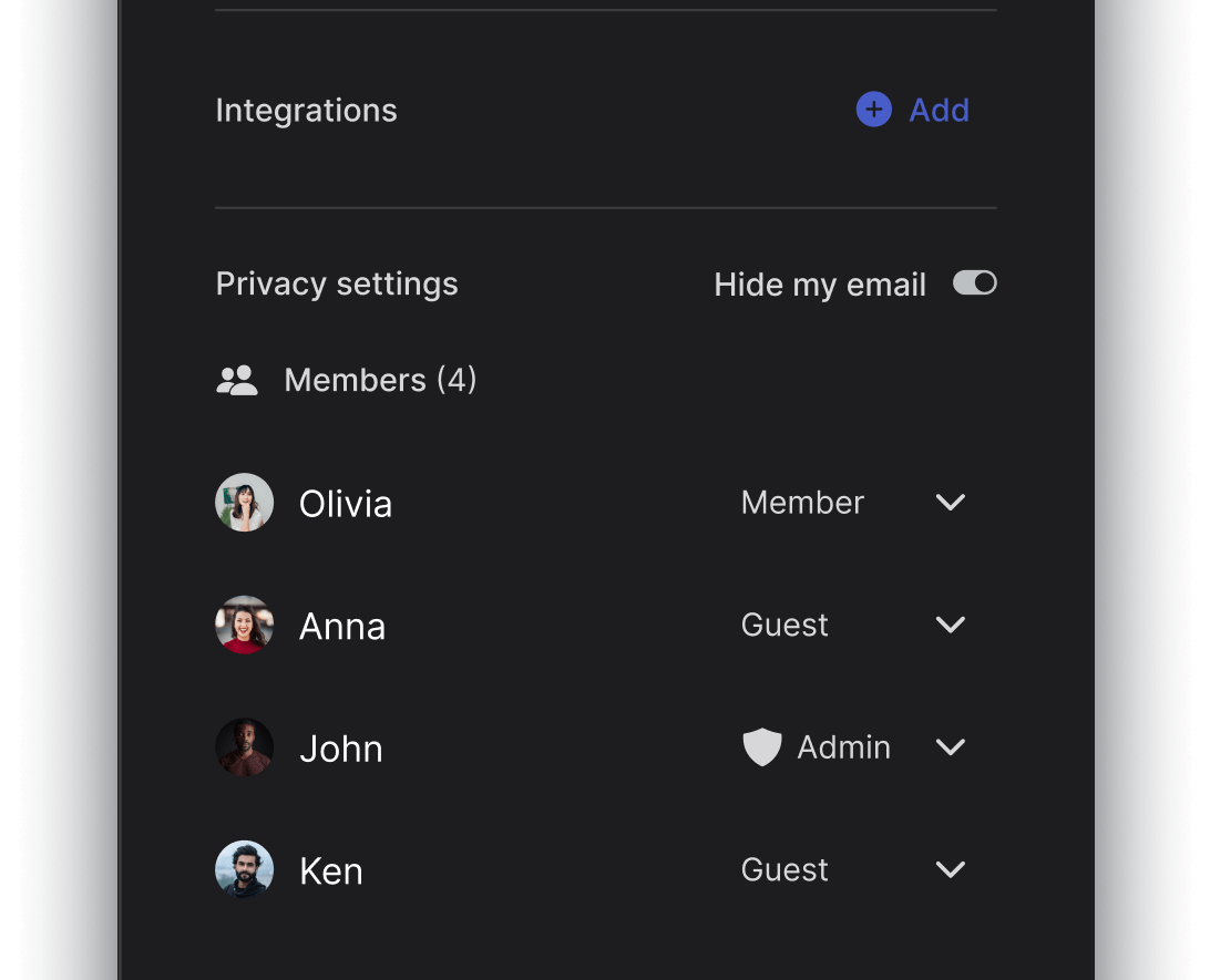 space member panel with admin, members and guests on Rock