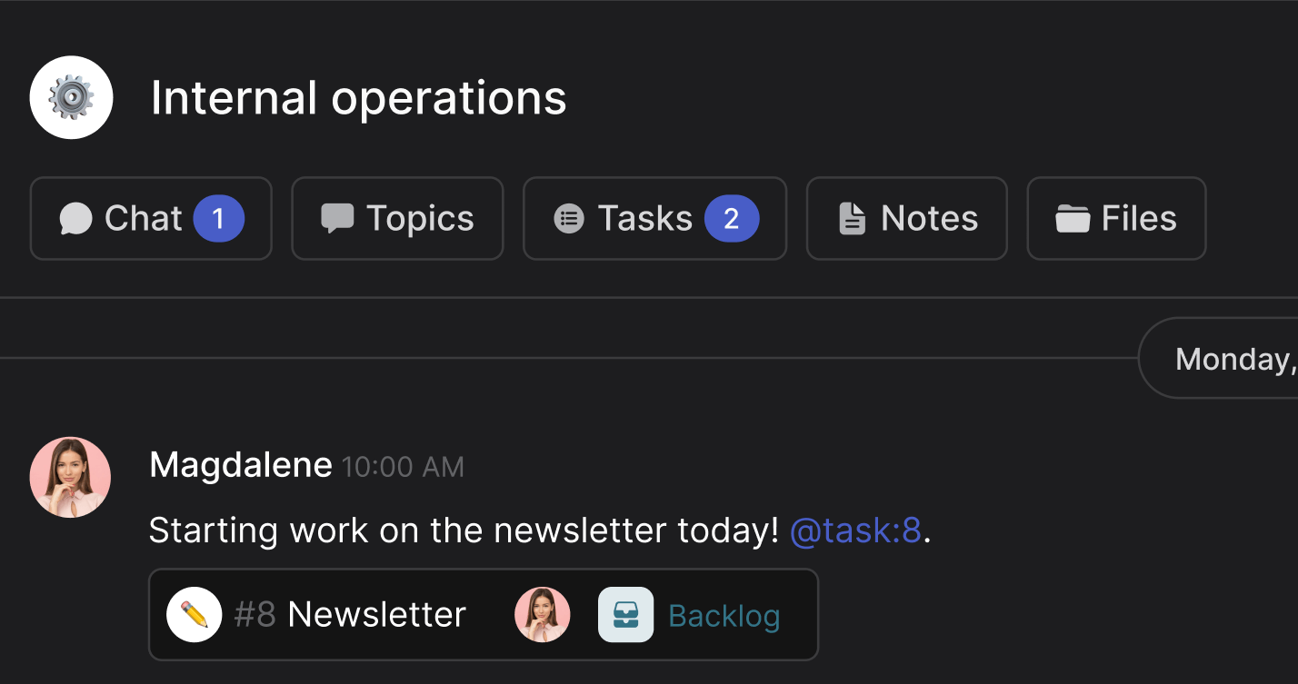 Space example internal operations NGO with chat, task management, notes, topics and files