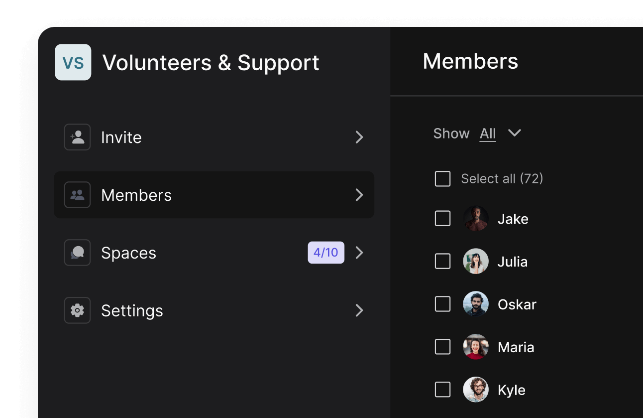 NGO workspace example with member management panel