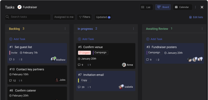 Rock task board example for a non-profit fundraiser