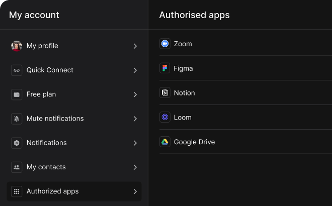 NGO free integrations example panel with Loom, Notion, Google Drive and other apps