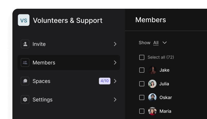 NGO member management with workspaces, volunteers & support workspace example