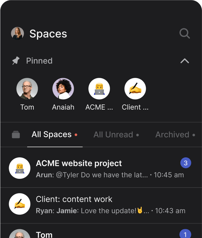 Freelance project management mobile view Rock with multiple spaces open