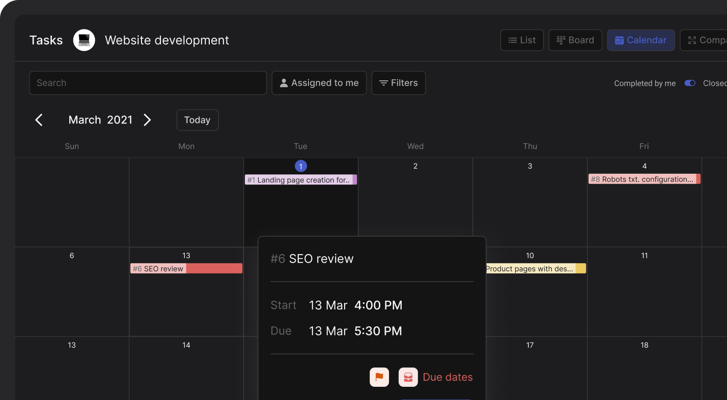 Rock calendar view panel in tasks mini-app for freelancers