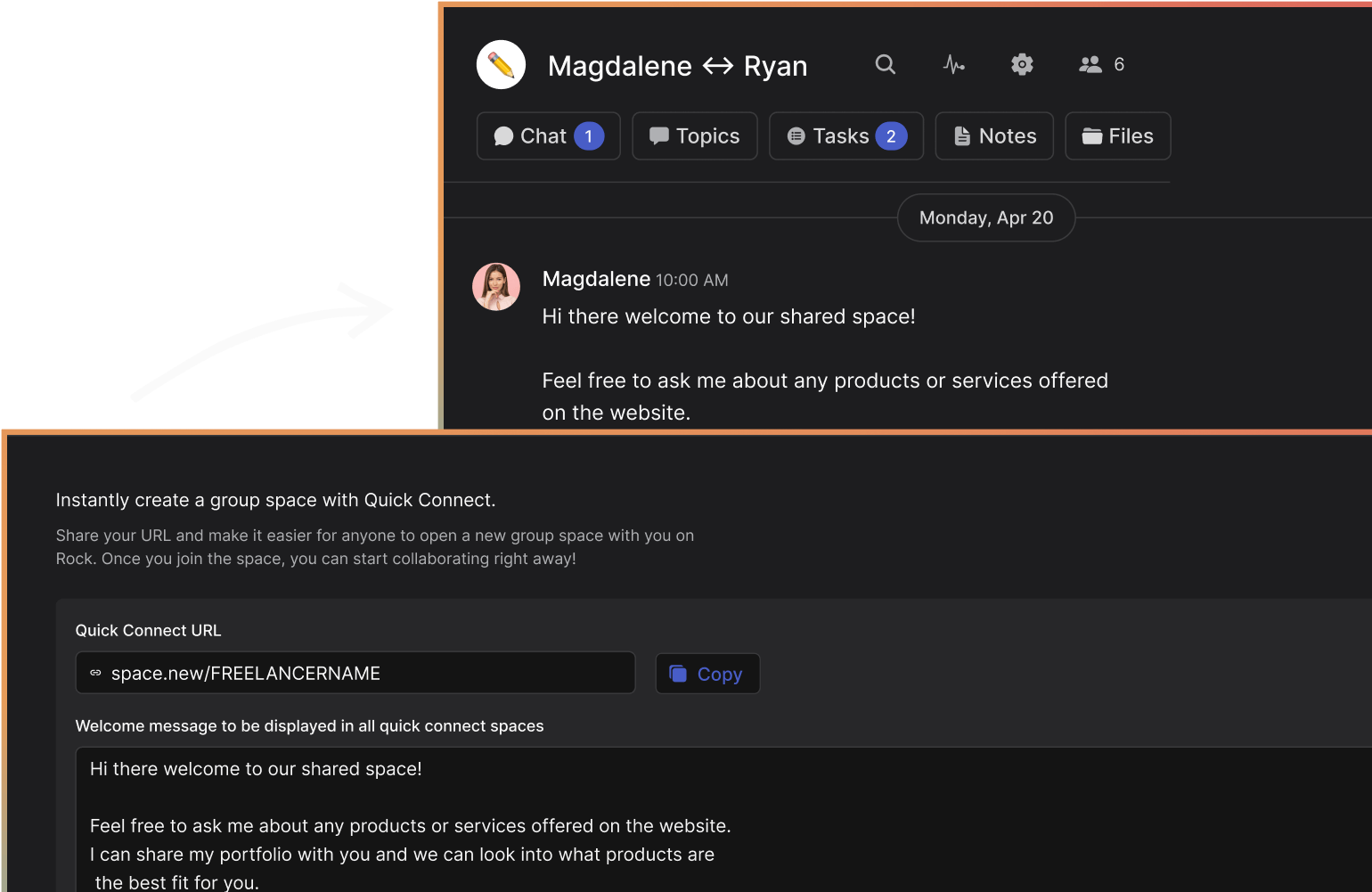 Set up new spaces with clients through quick connect