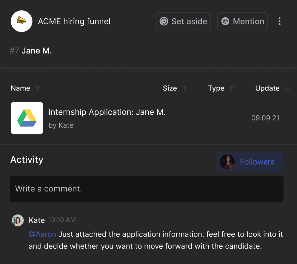 Task example in a recruitment space with comments