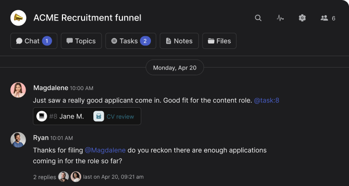 Recruitment collaboration space with messaging, tasks, notes, files and topics