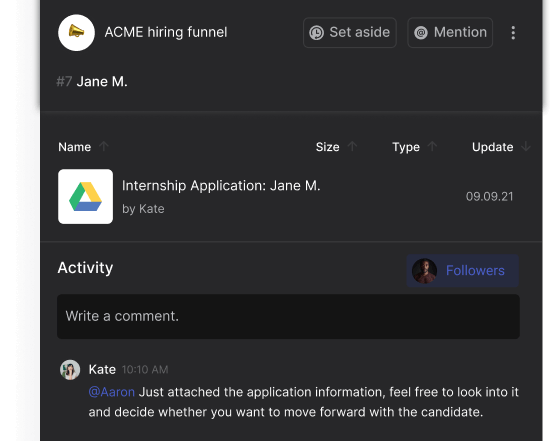 Rock hiring funnel task with a comment and attached cloud file