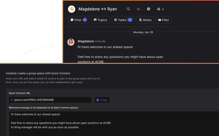 Quick connect feature highlight rock: open a new space with a custom link