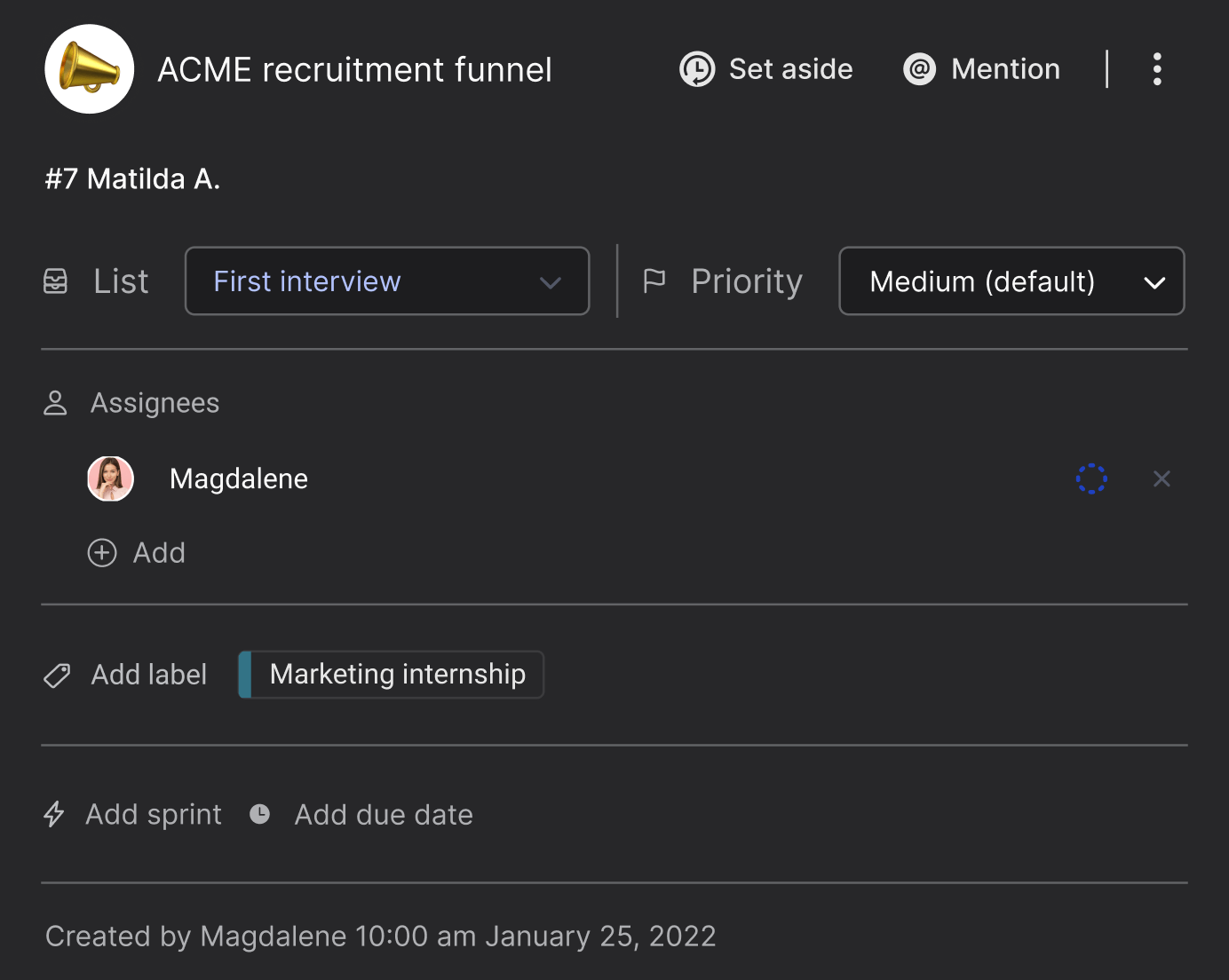Recruitment space task card for candidate example Rock