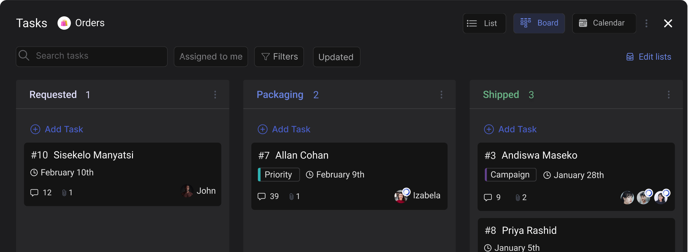 Rock for small business task board example for an order management project