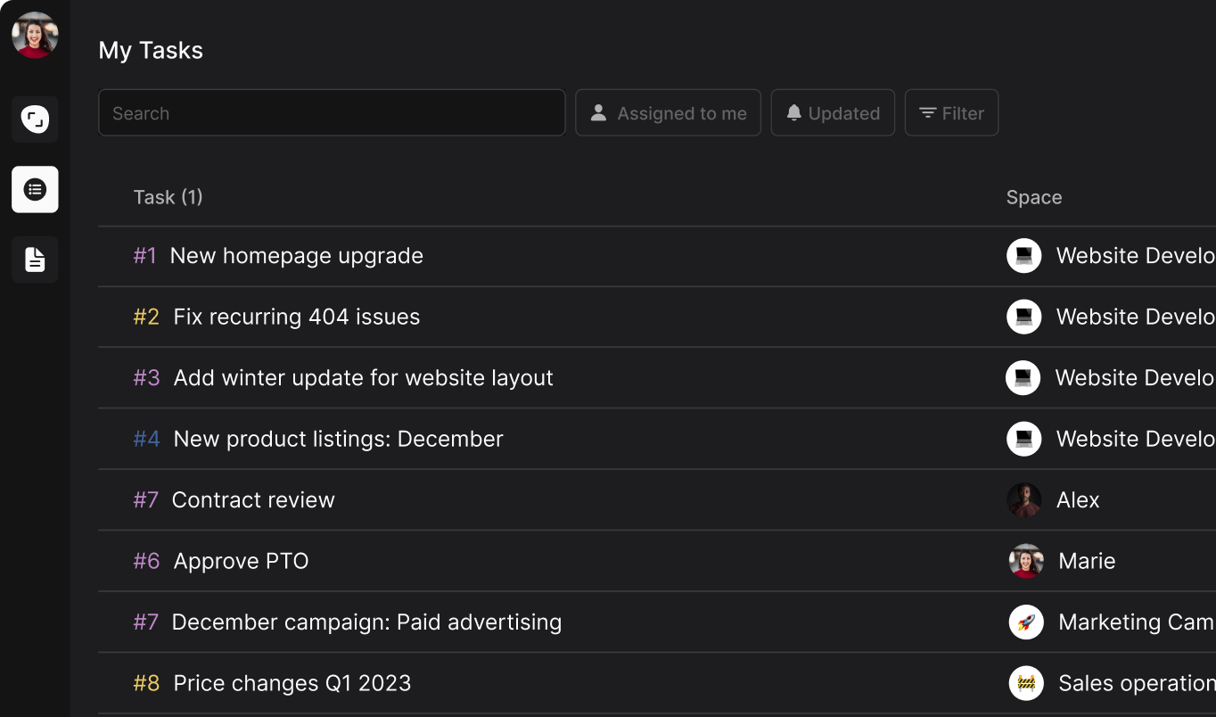 My tasks panel for a small business team showing tasks across project spaces