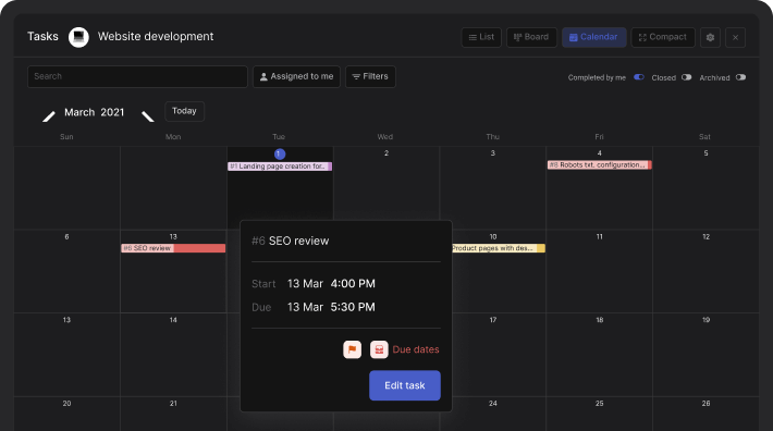 Rock calendar view for tasks in a small business project