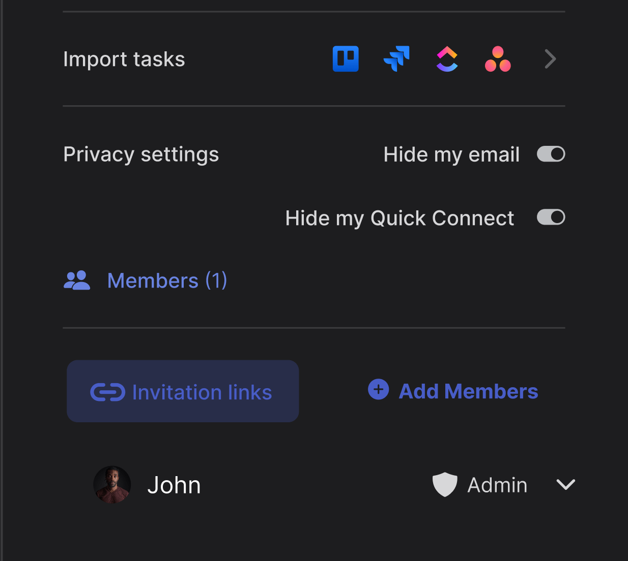 Space settings view with invitation links and add members