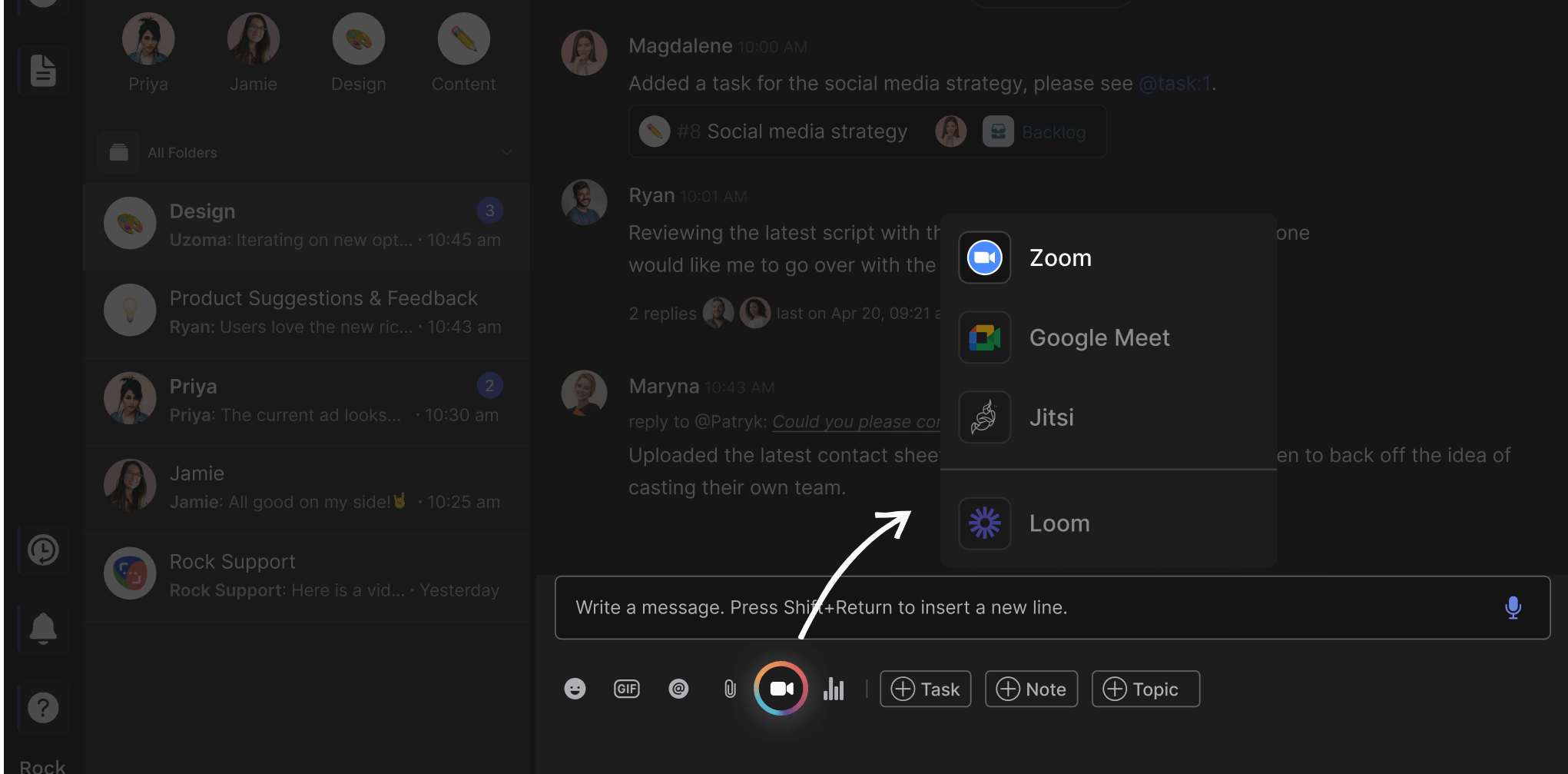 Rock collaboration space highlighting the Zoom integration