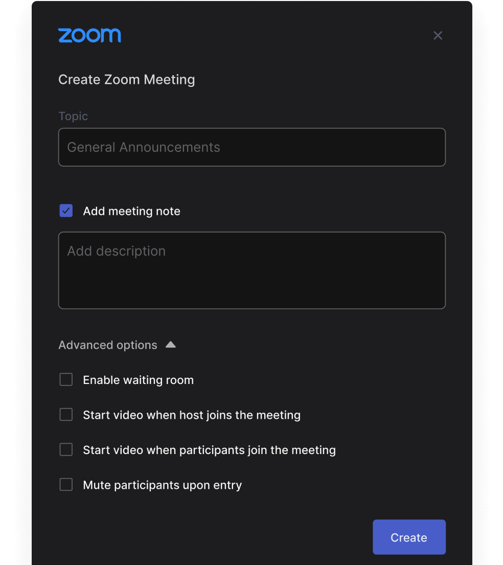 Zoom configuration panel in Rock before starting a new meeting
