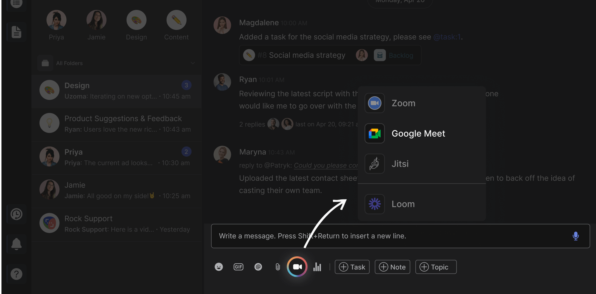 Rock collaboration space highlighting the Google Meet integration