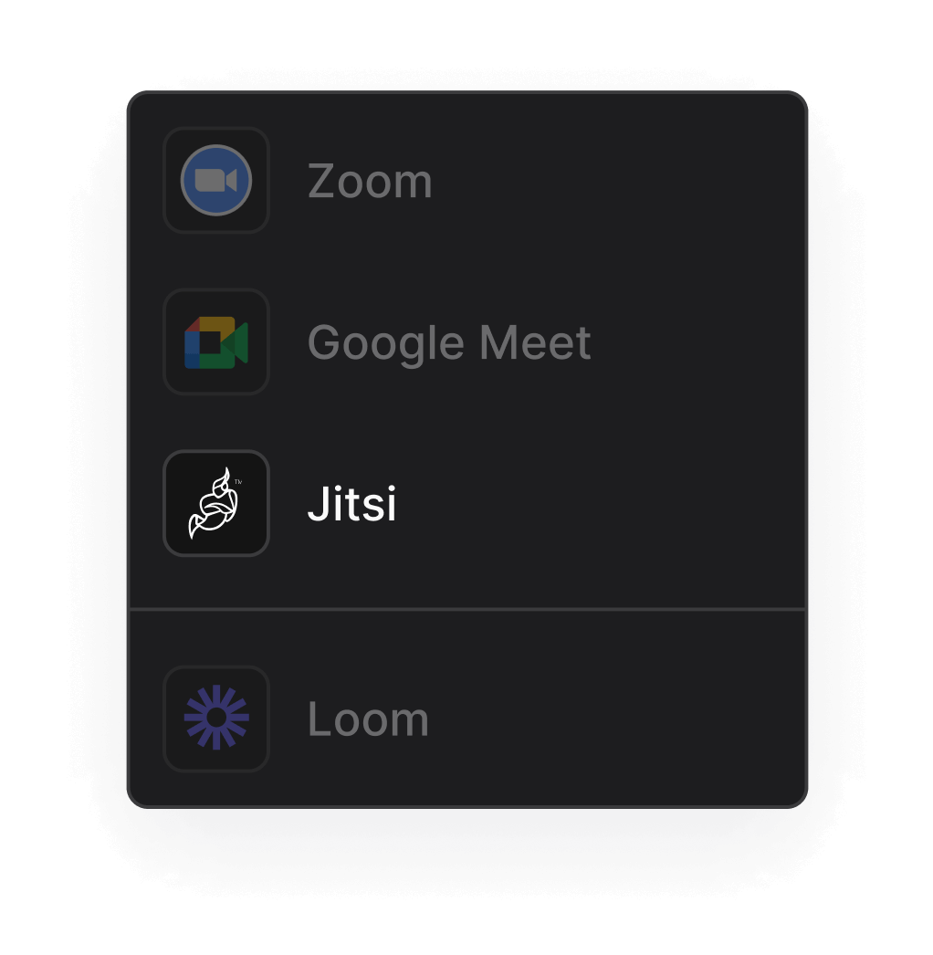 Select Jitsi from the Meetings mini-app panel with options Google Meet, Zoom and Loom