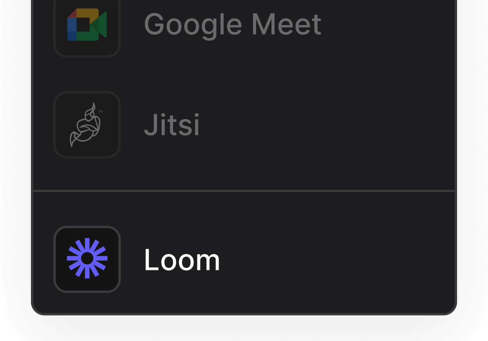 Select Loom from the Meetings mini-app panel with options Google Meet, Zoom and Loom
