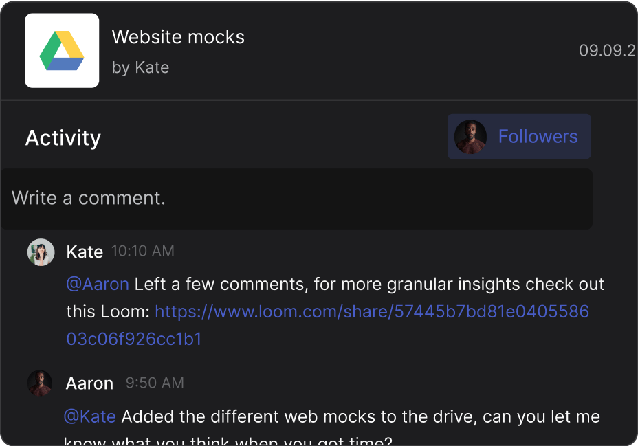 Highlight task comments to share loom recording for additional context