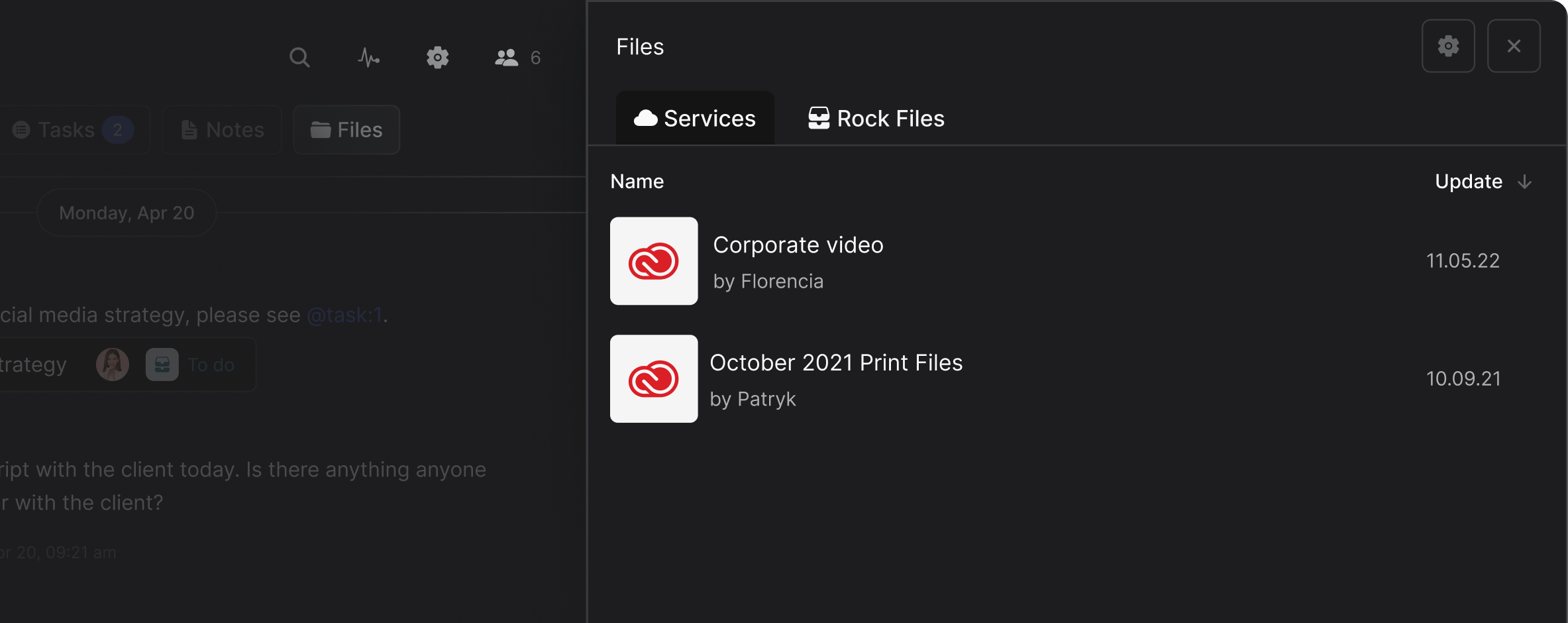 Rock files mini-app highlighting the Creative Cloud  Integration