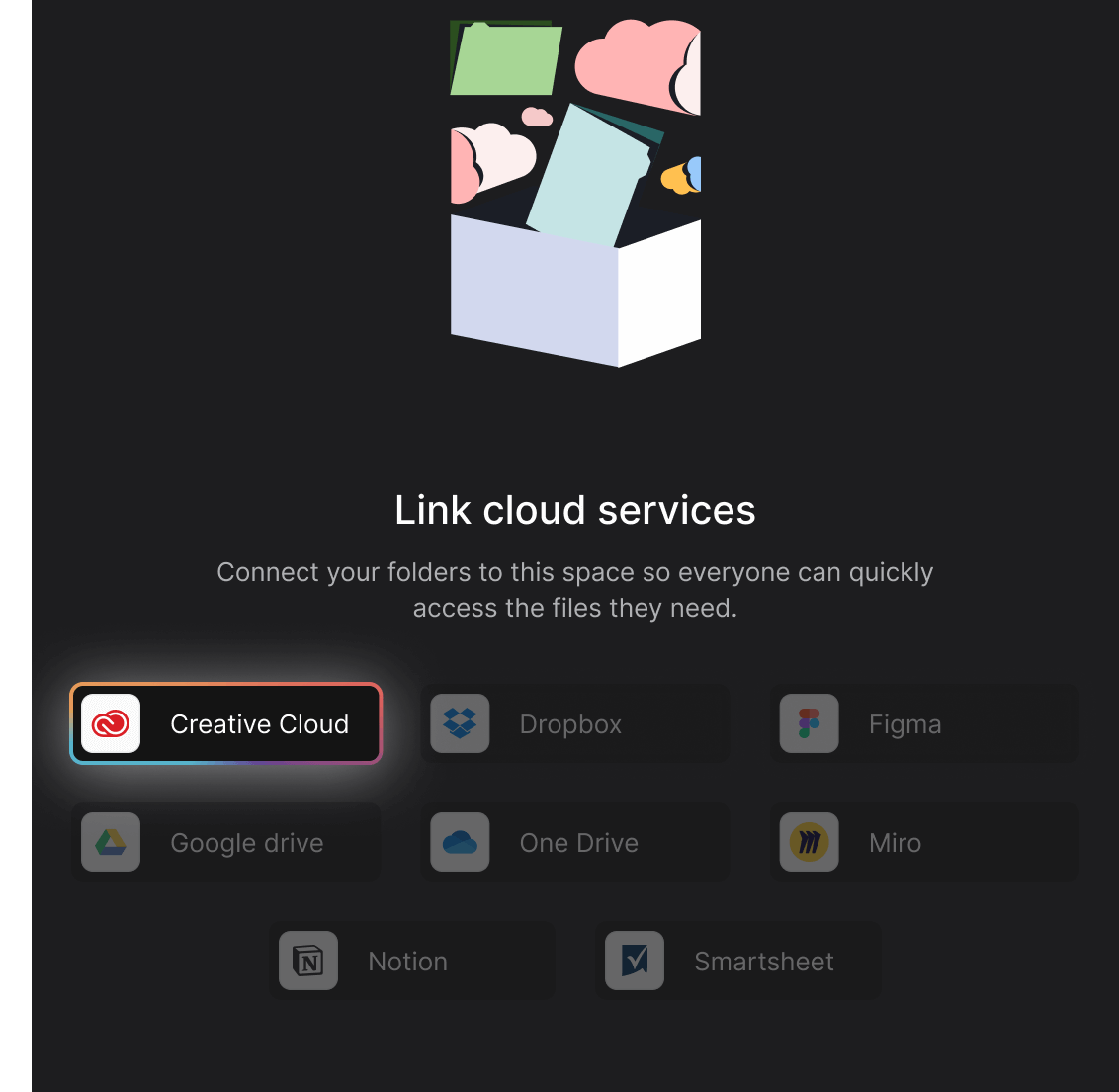 Files mini-app Rock cloud integrations select Creative Cloud