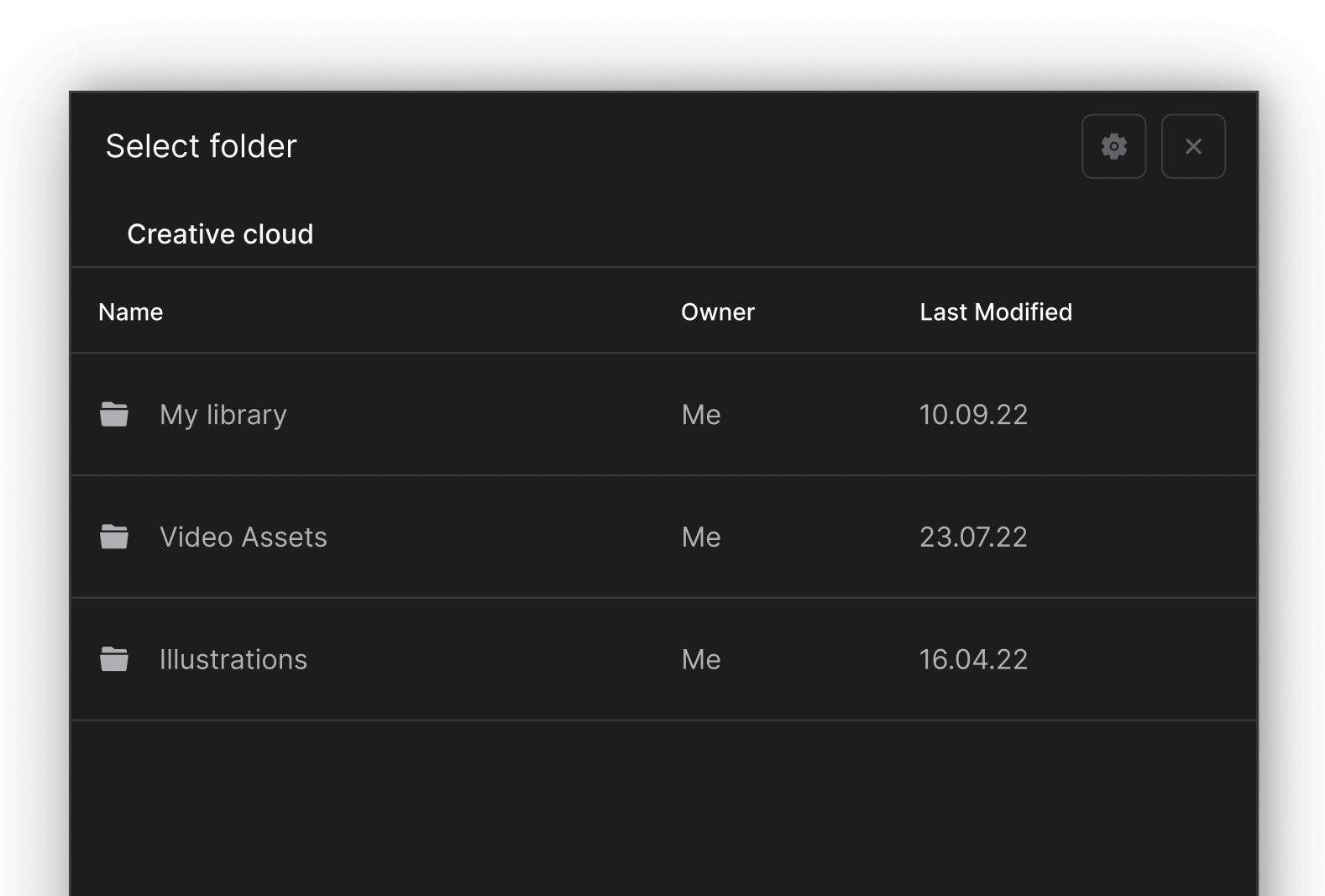 Adobe Creative Cloud select a folder to integrate in a space