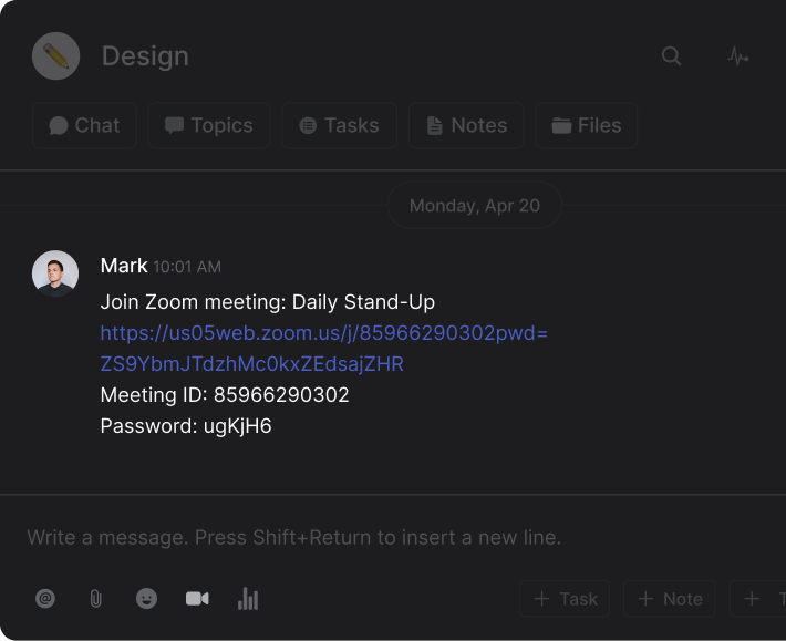 Zoom meeting link shared in Rock chat