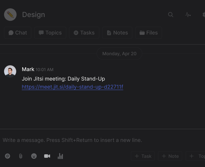 Example standup meeting for Jitsi shared in Rock chat