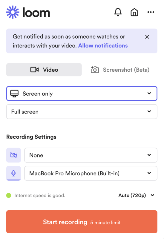Loom video configuration panel