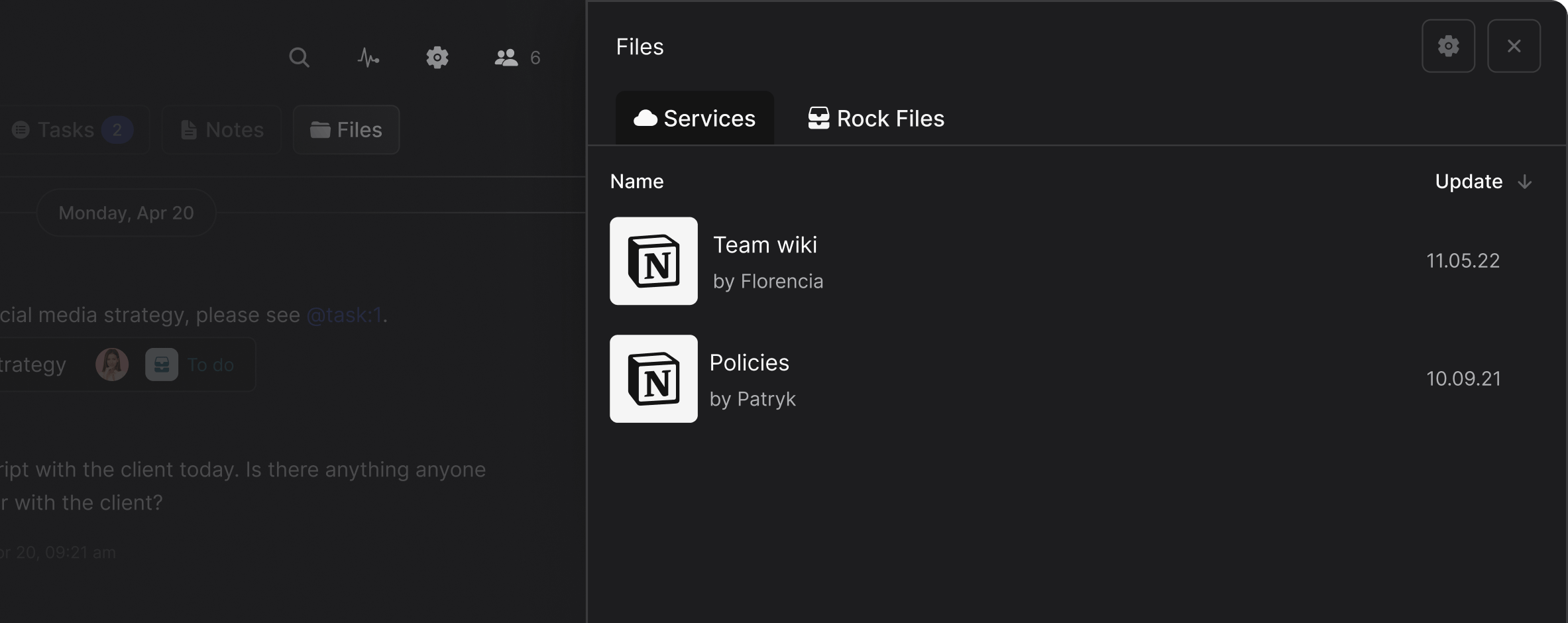 Rock files mini-app highlighting the Notion Integration