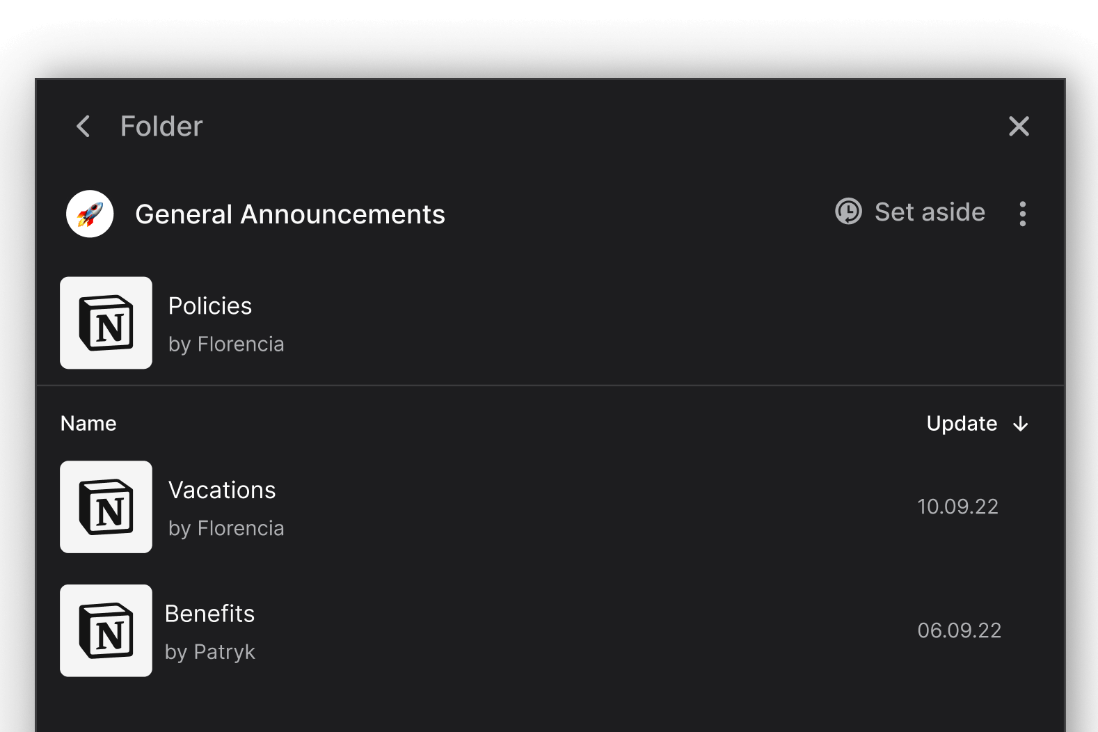 Notion example of an integrated folder in an announcement space