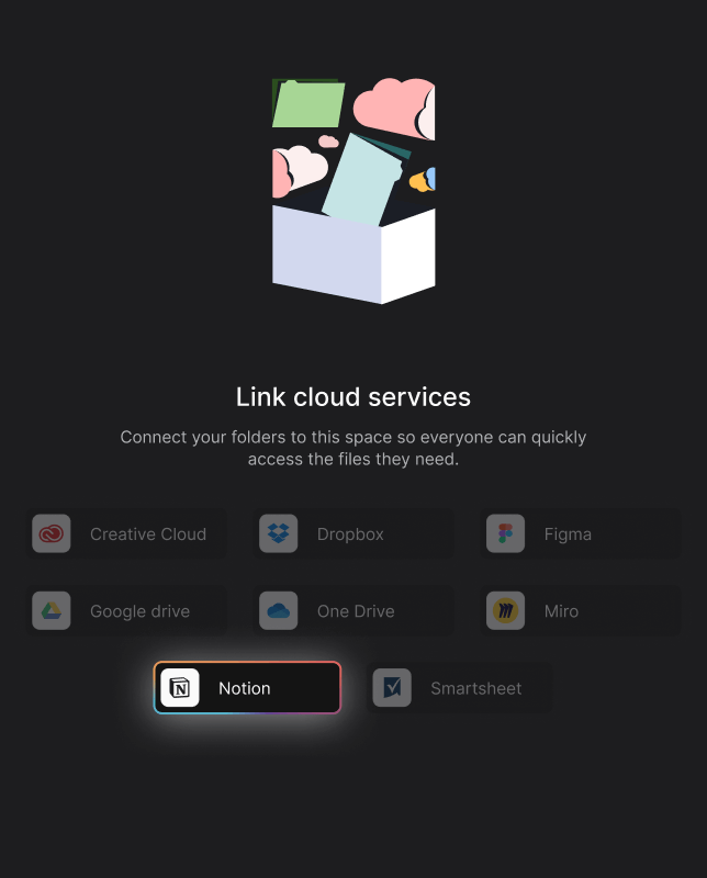 Rock Files mini-app select Notion from the available integrations