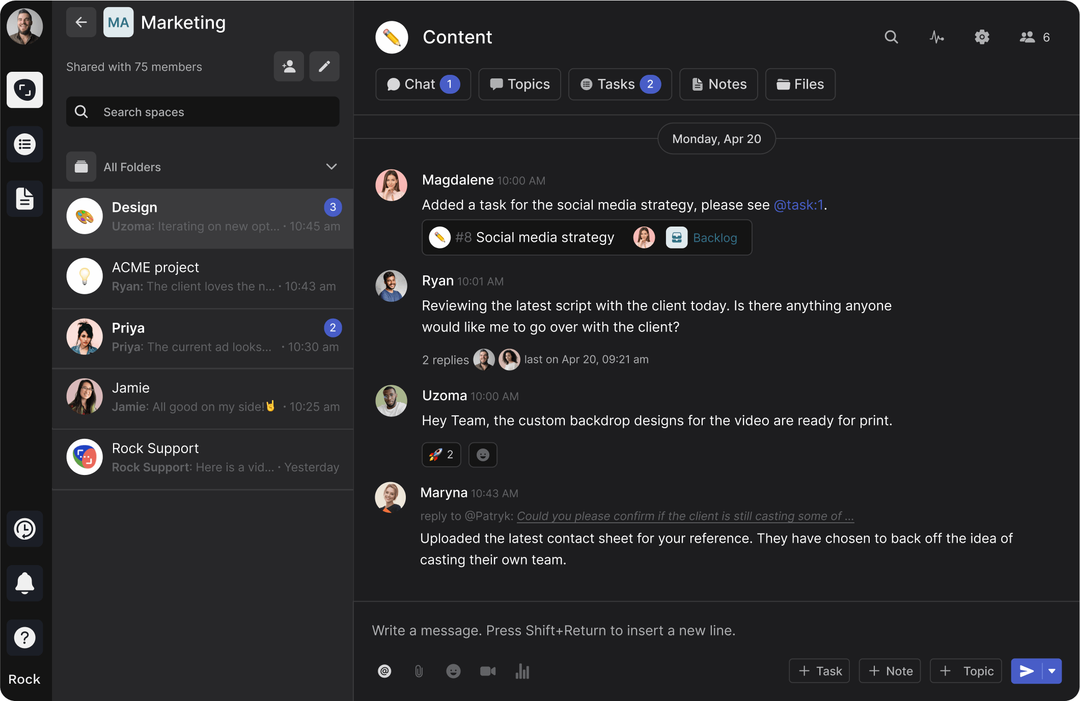 rock all-in-one messaging platform: chat, tasks, notes, files and meetings in one place