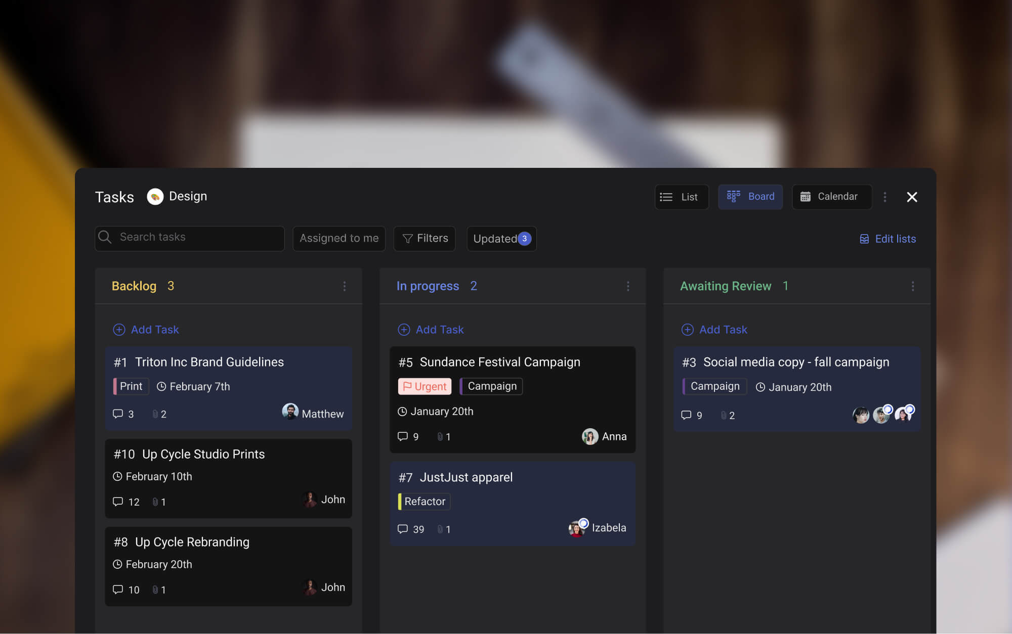 Task management board for work strategies