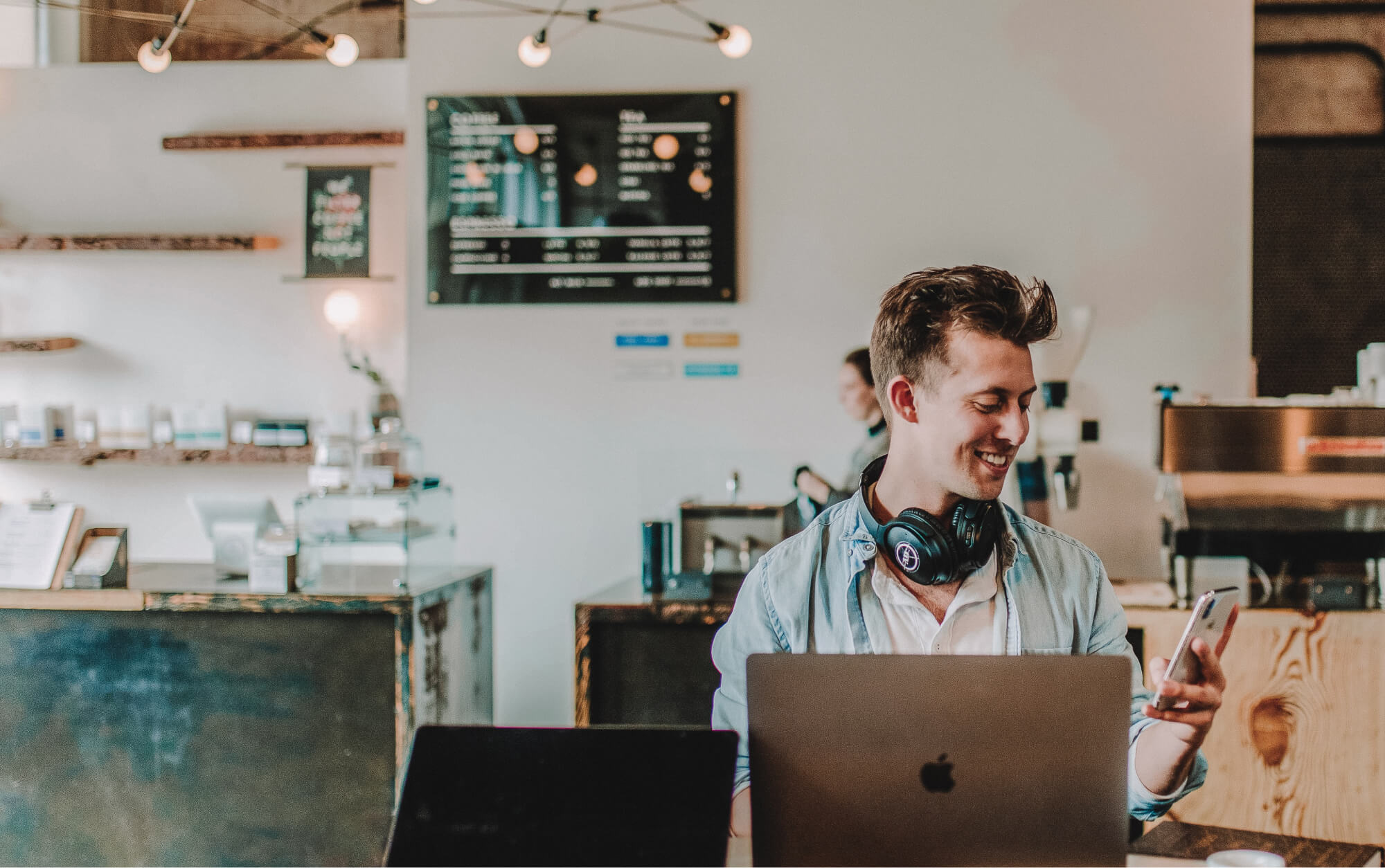 Person working effectively and efficiently in a cafe