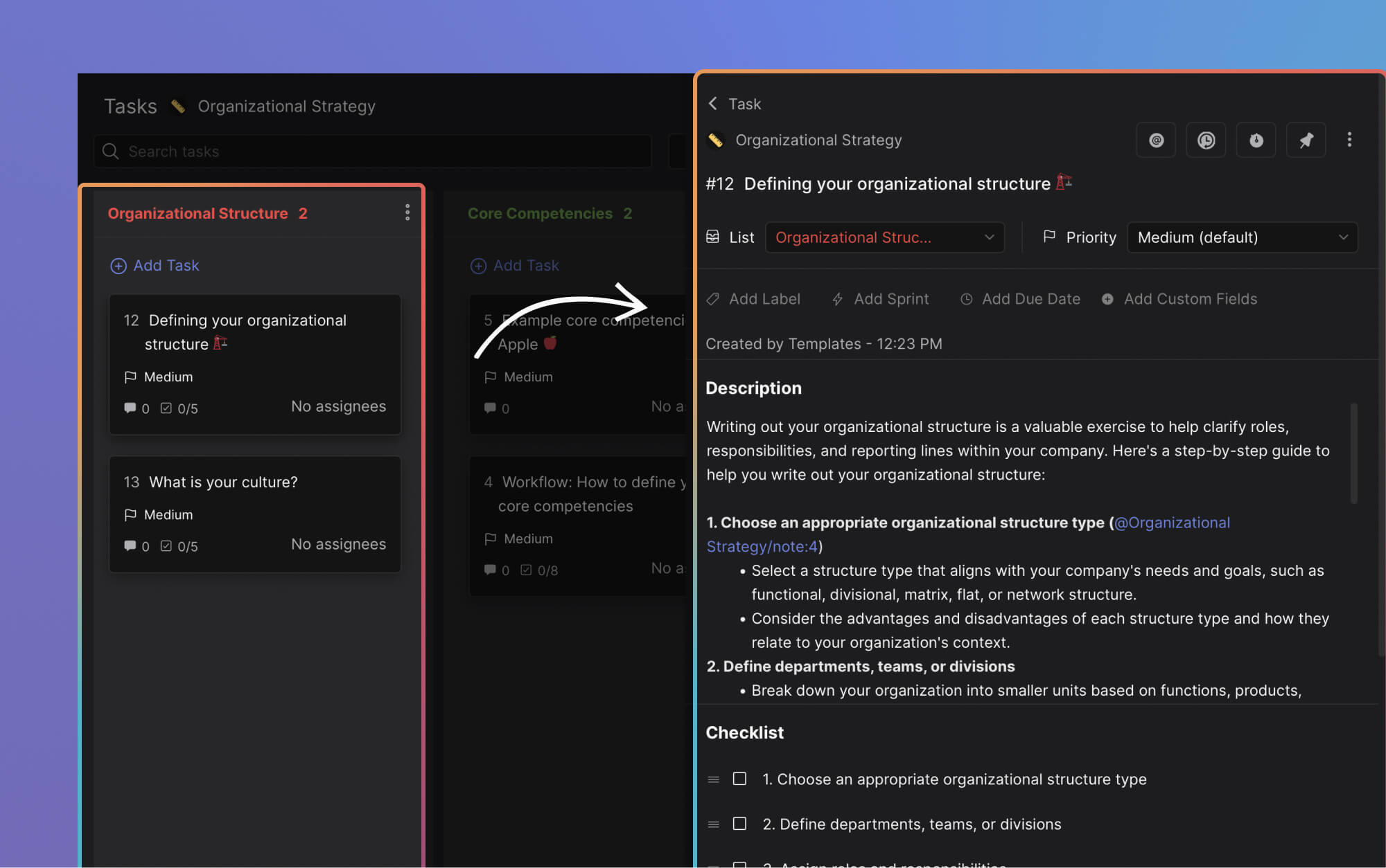 Organizational structure and culture workflow template for organizational strategies