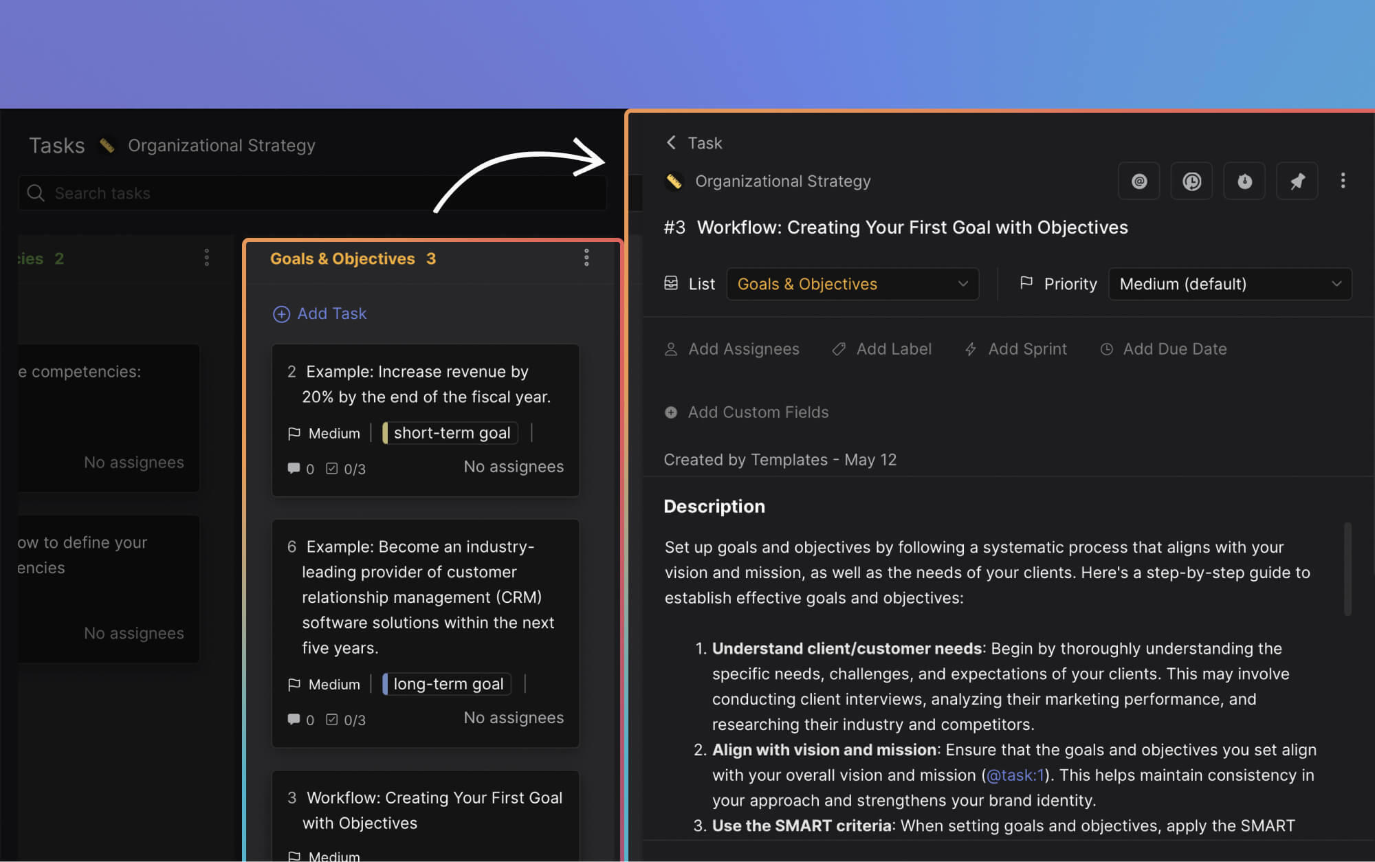 Goal and objective statement workflow template